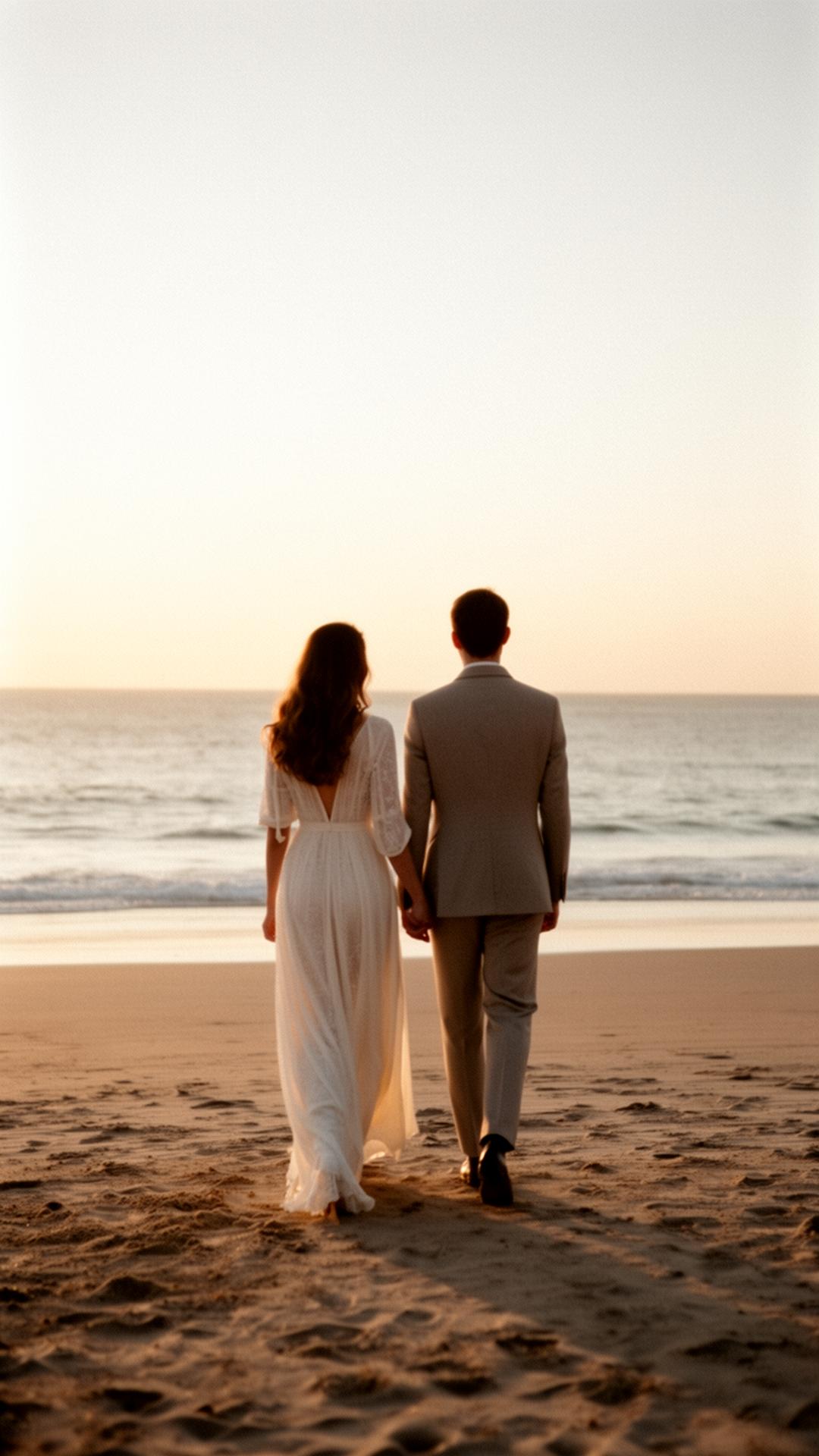 An elegant couple walking together along a quiet beach at golden hour, seen from behind